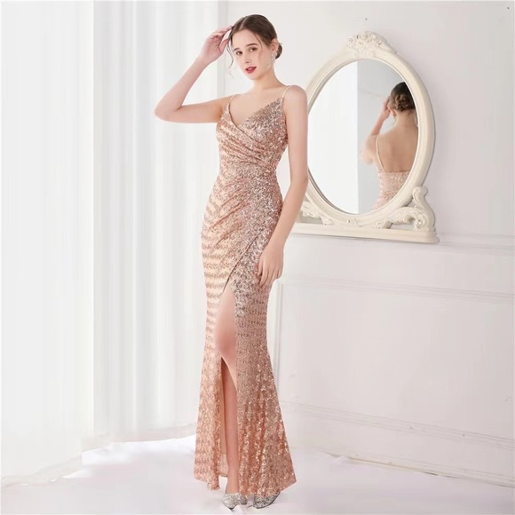 New Sequin Ruched Spaghetti Strap High Slit JS100 R Gold - Picture 1 of 3